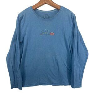 Life Is Good Womens TShirt L Blue Camping Mountains Long-Slv Crew Neck Outdoorsy